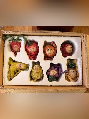 Vintage 1980s anthropomorphic resin fruit shelf-sitter figurines